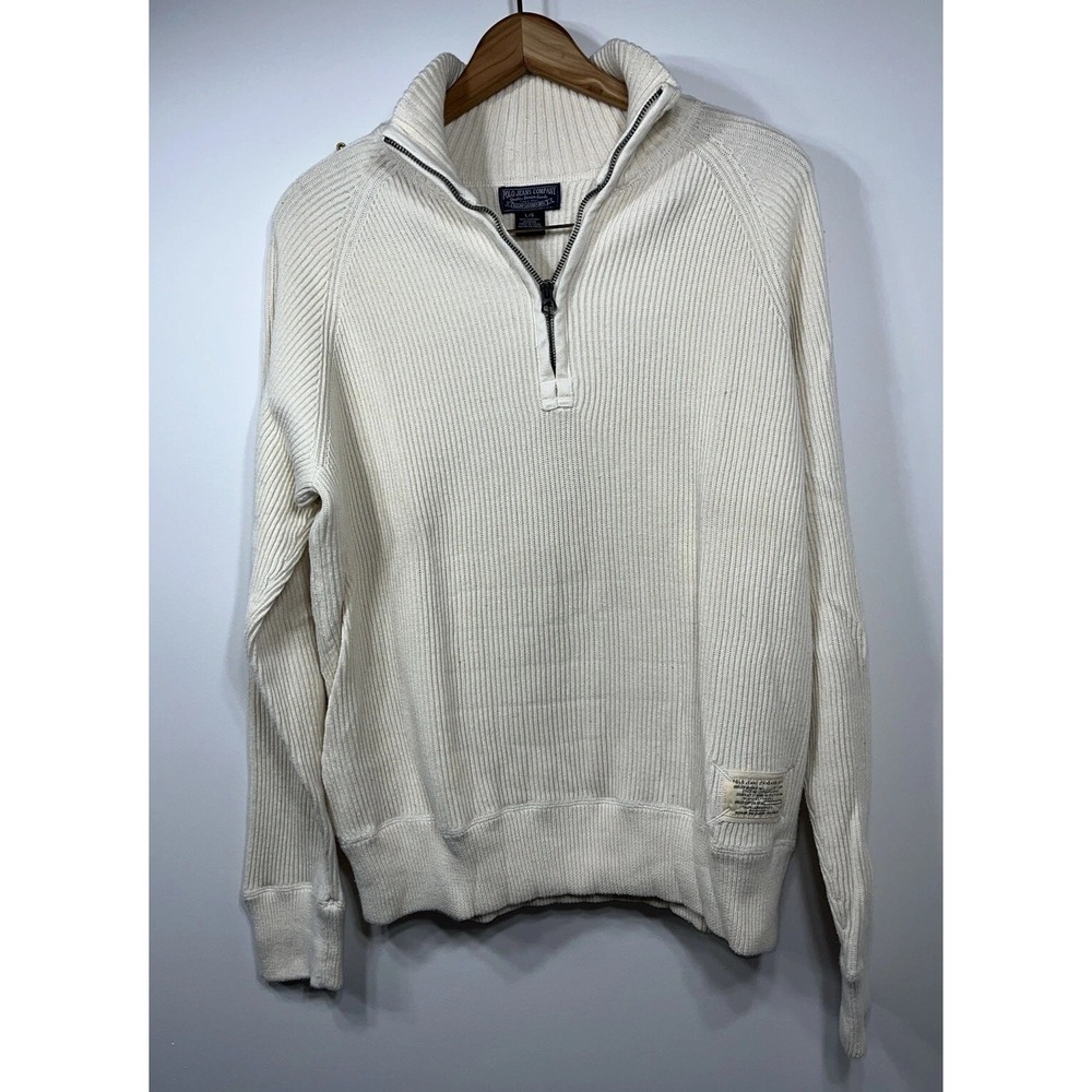 VTG Polo Jeans Co‎ Ralph Lauren Mens Large Cream Sweater 1/4 Zip Office 90's Y2K